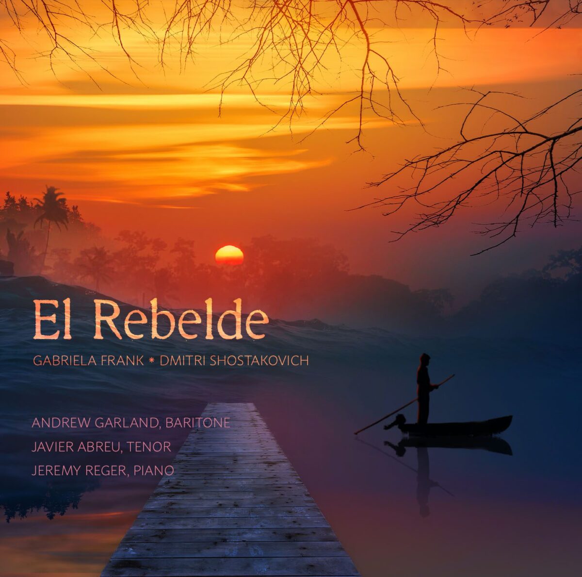 "El Rebelde" album cover artwork featuring a beautiful sunset over a calm lake, as a lone boatman silently floats near a dock.